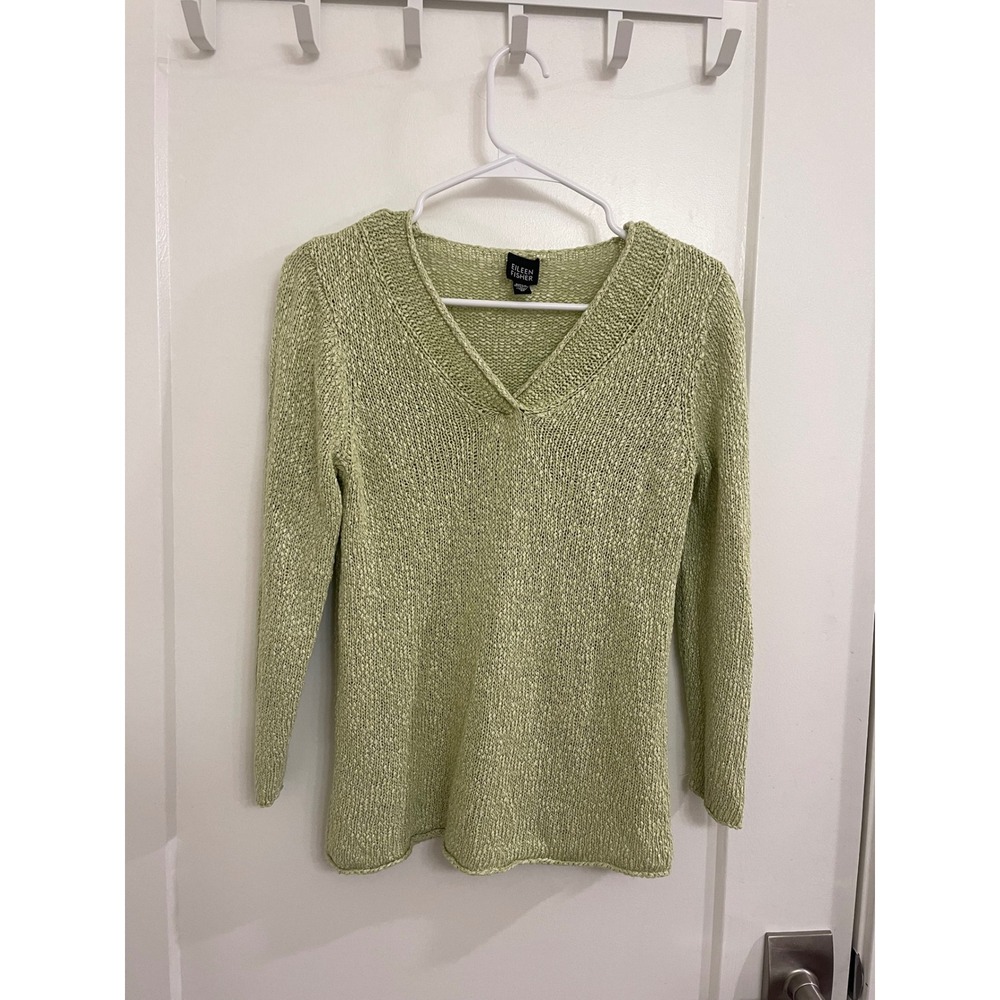 Vintage Eileen Fisher Linen Blend V Neck Green Sweater Old Money
